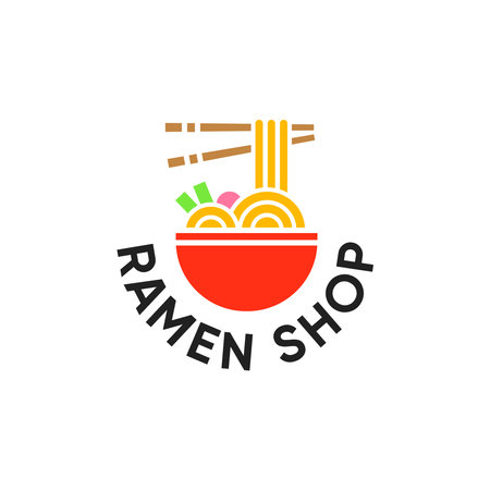 Vector illustration of delicious Japanese ramen noodle on bowl with vintage retro flat style. Japanese food, ramen noodle silhouette. Typography logo.のイラスト素材
