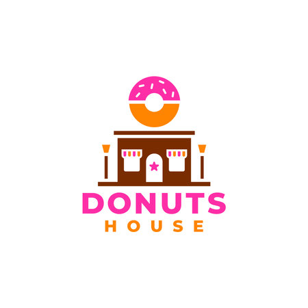 Donuts restaurant or coffee. Bakery shop building logo on roof. Brick architecture with cake logotype. Sweet dish in store vector. Donuts for bar.のイラスト素材