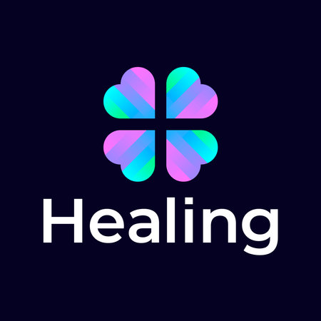 Abstract gradient iridescent gallographic clover logo four leaves heart shape, eco icon. Pharmacy sign ecological business company, symbol nature. Simple clean vector herbal.のイラスト素材