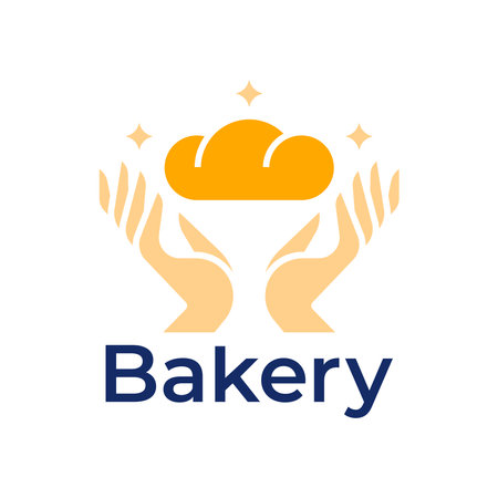 Vector illustration of bakery icon. Bread logo. Silhouette of a loaf on hands for a bakery. Design of bakery products with spikelets of wheat, rye. Bun icon.のイラスト素材