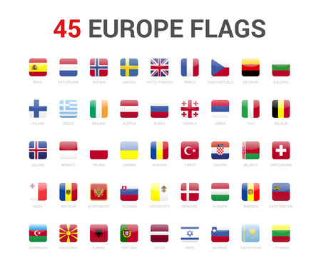 Europe flags of country. 45 flag rounded square icons Vector on White background.のイラスト素材