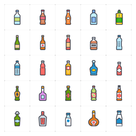 Icon set - bottle and beverage full color outline stroke vector illustration on white backgroundのイラスト素材