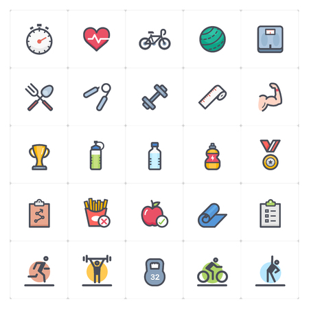 Icon set - Fitness and healthy full color outline stroke vector illustration on white backgroundのイラスト素材