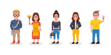 People vector pixel style. Man and woman in casual clothes.のイラスト素材