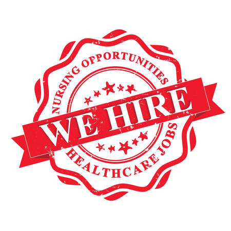 Nursing jobs . We hire - Healthcare jobs - red grunge label. Print colors usedのイラスト素材