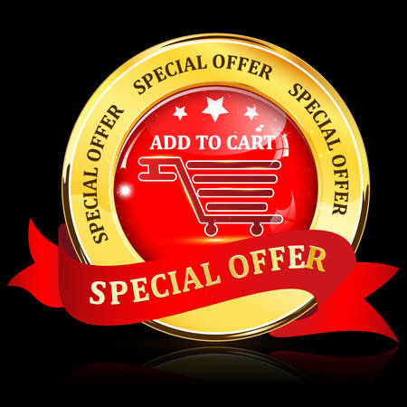 Special Offer golden red shiny glossy web button / icon with ribbon, on a black background.    Add to cart. Contains a shopping cart.のイラスト素材