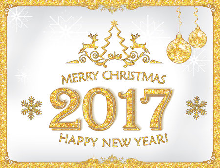 Elegant greeting card for 2017 - Christmas and New Year. Contains Christmas Baubles, tree,...