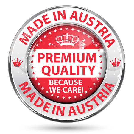 Made in Austria, Premium Quality, because we care - business retail icon / label / sticker.  Contains the Austrian flag on the backgroundのイラスト素材