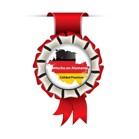 Award ribbon in Spanish language. Translation: Made in Germany, Premium Quality (Hecho en Alemania. Calidad Premium) Award ribbon in Spanish language. Translation: Made in Germany, Premium Quality (Hecho en Alemania. Calidad Premium)