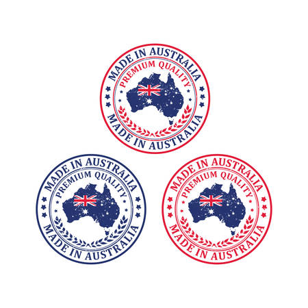 Made in Australia, Premium Quality - set of grunge labels / stickers / badges with the Australian map and flag. Print colors usedのイラスト素材