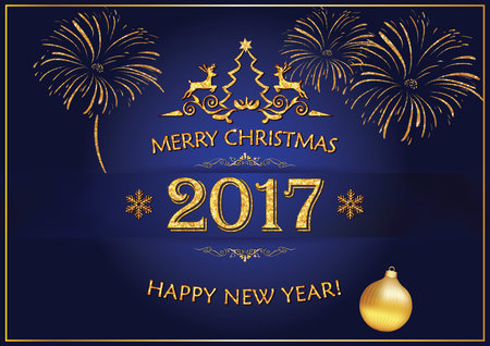 Merry Christmas and Happy New Year 2017 greeting card with snowflakes, fireworks and Christmas...