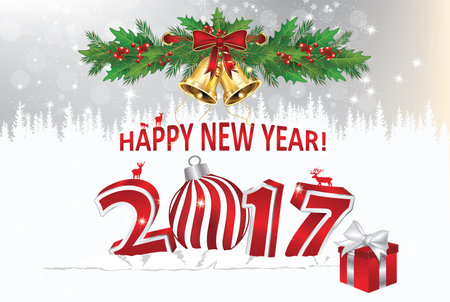 Happy New Year 2017 - elegant greeting card with jingle bells, mistletoe, Christmas baubles and...