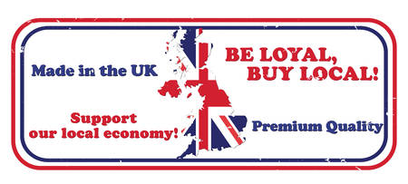 Made in UK, Be loyal, buy local. Support our local economy, Premium quality - grunge business stamp with the map and flag of the United Kingdom on the background. Print colors usedのイラスト素材