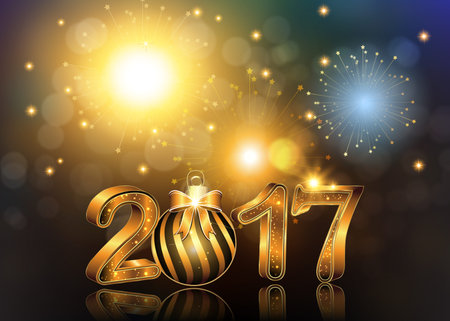 Happy New Year 2017 background / greeting card with Brightly Colorful Fireworks and colorful lights,...
