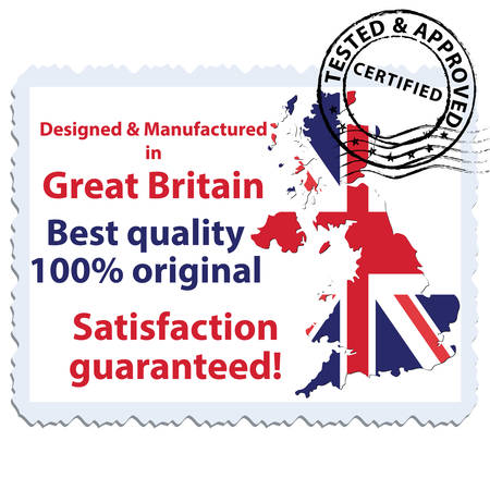 Designed and Manufactured in Great Britain, best quality, satisfaction guaranteed - stamp with the map and flag of Great Britain. Print colors usedのイラスト素材