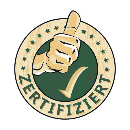 Zertifiziert - Certified in German language - grunge stamp / sticker / label with thumbs up. Print colors usedのイラスト素材