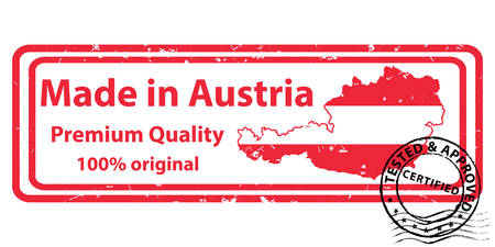 Made in Austria, Premium Quality, 100% original - grunge printable stamp, label and sign with national flag colors. Print colors usedのイラスト素材