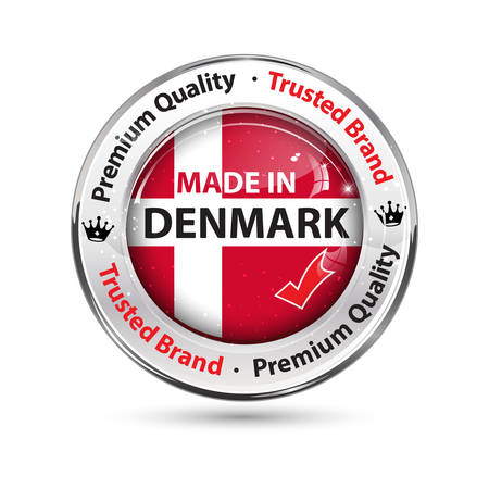Made in Denmark - business commerce shiny icon with the flag of Denmark on the background. Suitable for retail industry.のイラスト素材