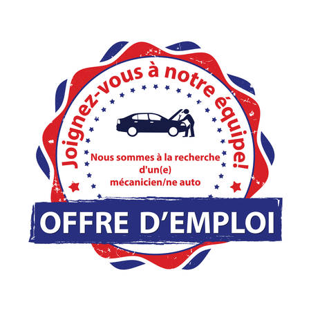 Printable stamp designed for the French work market. Text translation: Job offer. We are looking for / we are hiring an auto mechanic. Join our team.のイラスト素材