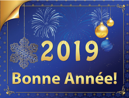 Corporate greeting card with blue background, designed for the 2019 New Year celebration.  The message is written in Frenchの写真素材