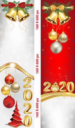 Banner set for Christmas and New Year 2020 with Christmas baubles, winter landscape, fireworks. Banner size: 160x600 pixels skyscraper. Red and silver backgroundの写真素材