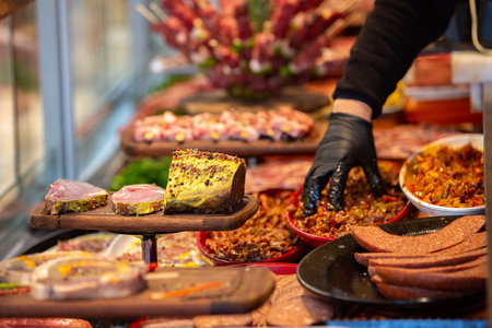 Meat department, showcase with variety of meat in different cuts. Inside an supermarket. Different types of fresh meat arranged in an orderly mannerの写真素材