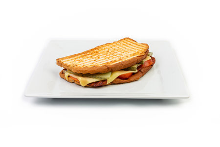 Sandwich with ham, cheese and tomato on a white background.の素材