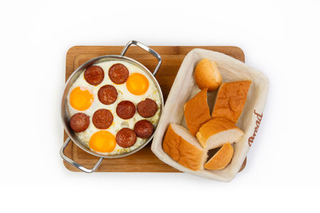 Fried eggs with sausage and bread on wooden board isolated on white backgroundの素材