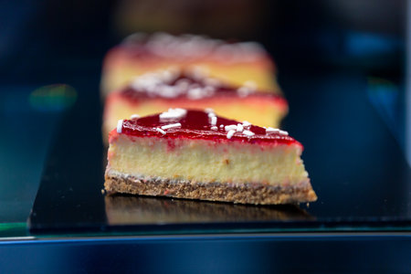 Delicious raspberry cheesecake on a black plate. selective focus.の素材