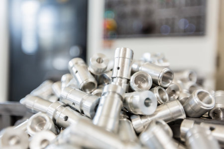 Close up of a group of metal nuts and bolts in a factoryの素材