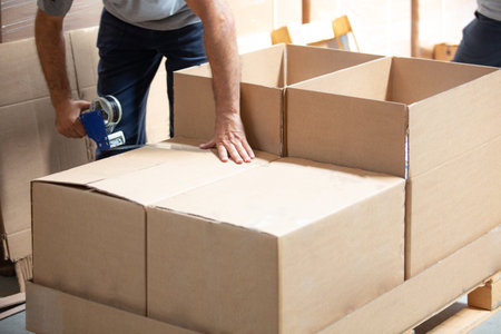 Close-up of a man moving cardboard boxes in a new houseの素材