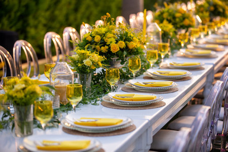 Wedding table setting with yellow flowers and plates. wedding decoration.の素材