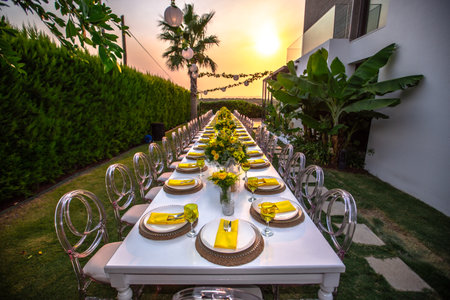 wedding table set up in the garden at sunset time.の素材