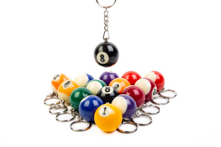 Billiard balls on a chain isolated on white background. close upの素材