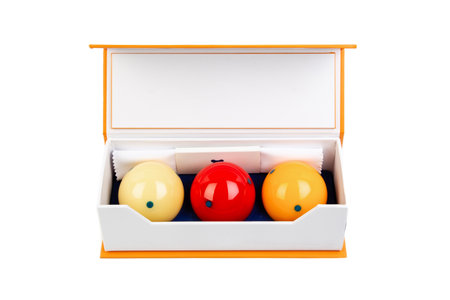 Set of billiard balls in a box isolated on a white backgroundの素材