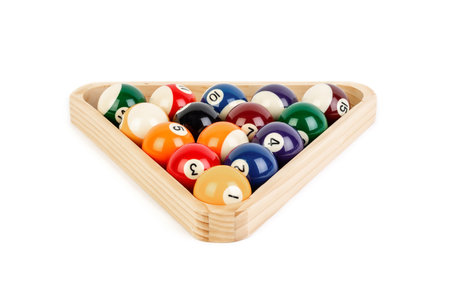 Billiard balls in a wooden box isolated over the white background, set of eight ballsの素材