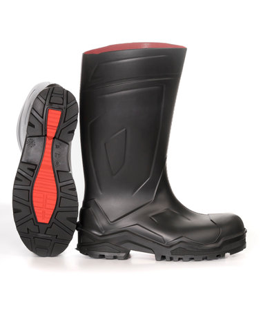 Black rubber boots on a white background. 3D rendering. studio.の素材