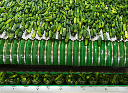 Cucumbers on a conveyor belt in a factory, closeup of photoの素材