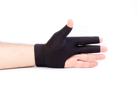 Billiards Hand in black glove. Isolated on a white background.の素材