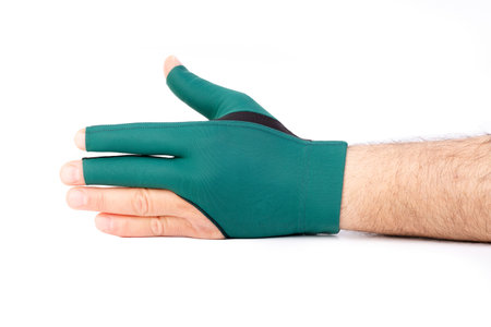 Hand in green rubber glove. Isolated on a white background.の素材