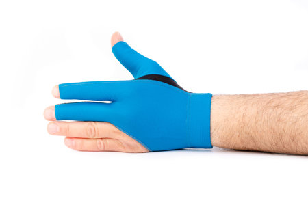 Billiards Hand in blue glove. Isolated on a white background.の素材