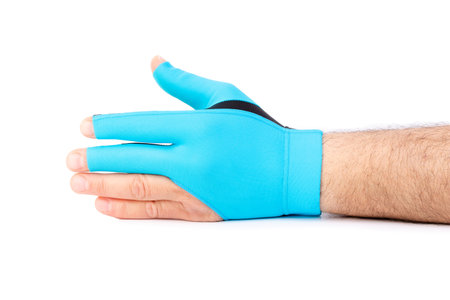 Hand in blue rubber glove. Isolated on a white background.の素材