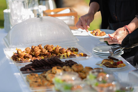 catering wedding buffet food indoor in luxury restaurant with meat and vegetablesの素材
