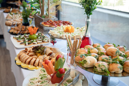 catering buffet food indoor in luxury restaurant with meat and vegetablesの素材