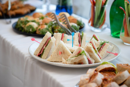 sandwiches on a table in a restaurant at a wedding partyの素材