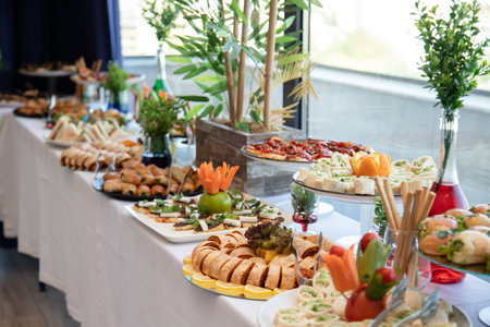 Catering buffet with different food snacks and appetizers in restaurantの素材