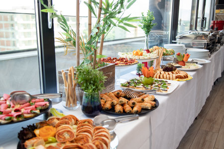 catering buffet for events with meat, vegetables and other foodの素材