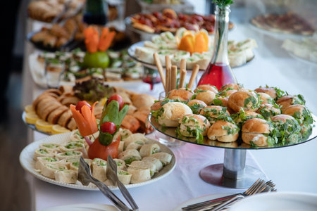 catering wedding buffet food indoor in luxury restaurant with meat and vegetablesの素材
