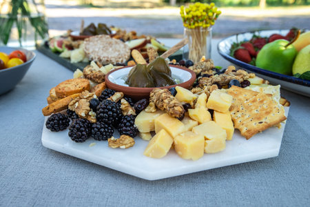 Cheese plate with crackers, olives, nuts and fruitsの素材