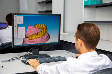 Doctor looking at dental x-ray image on computer monitor in clinic